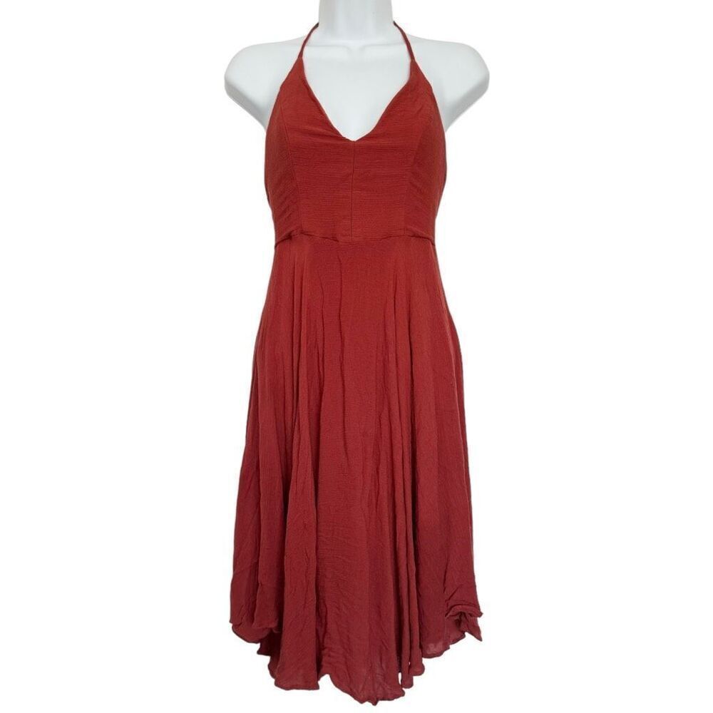 Lulus Lace Up Halter Neck Dress Rust Red Women's Size Small